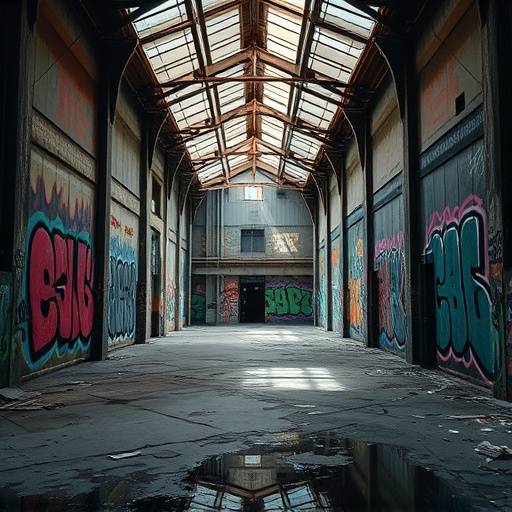 Abandoned industrial warehouse with graffiti art