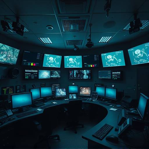 Control room with surveillance monitors and communication equipment.