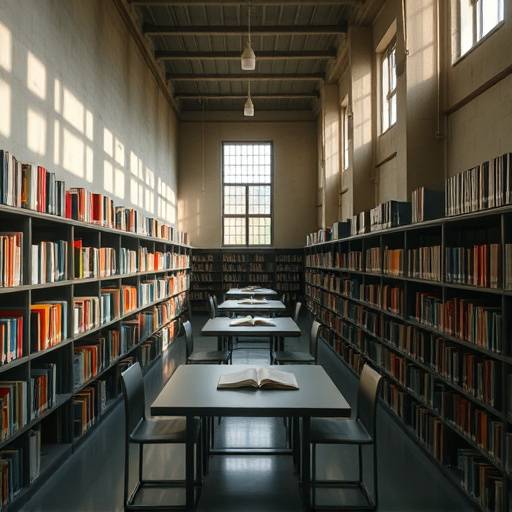 Inmate library with bookshelves and tables for reading and studying.