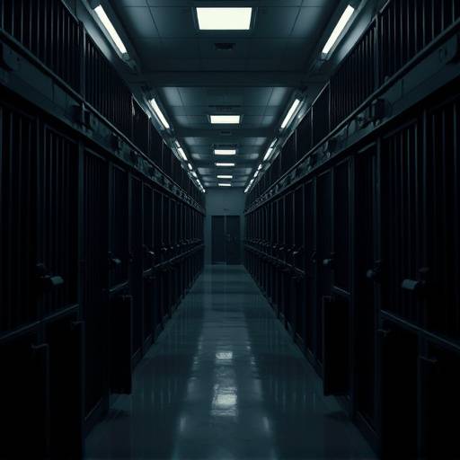 Interior view of a modern, high-security cell block with multiple cells.