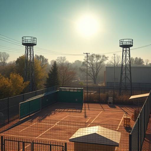 Open-air recreation yard with high fences and surveillance towers.